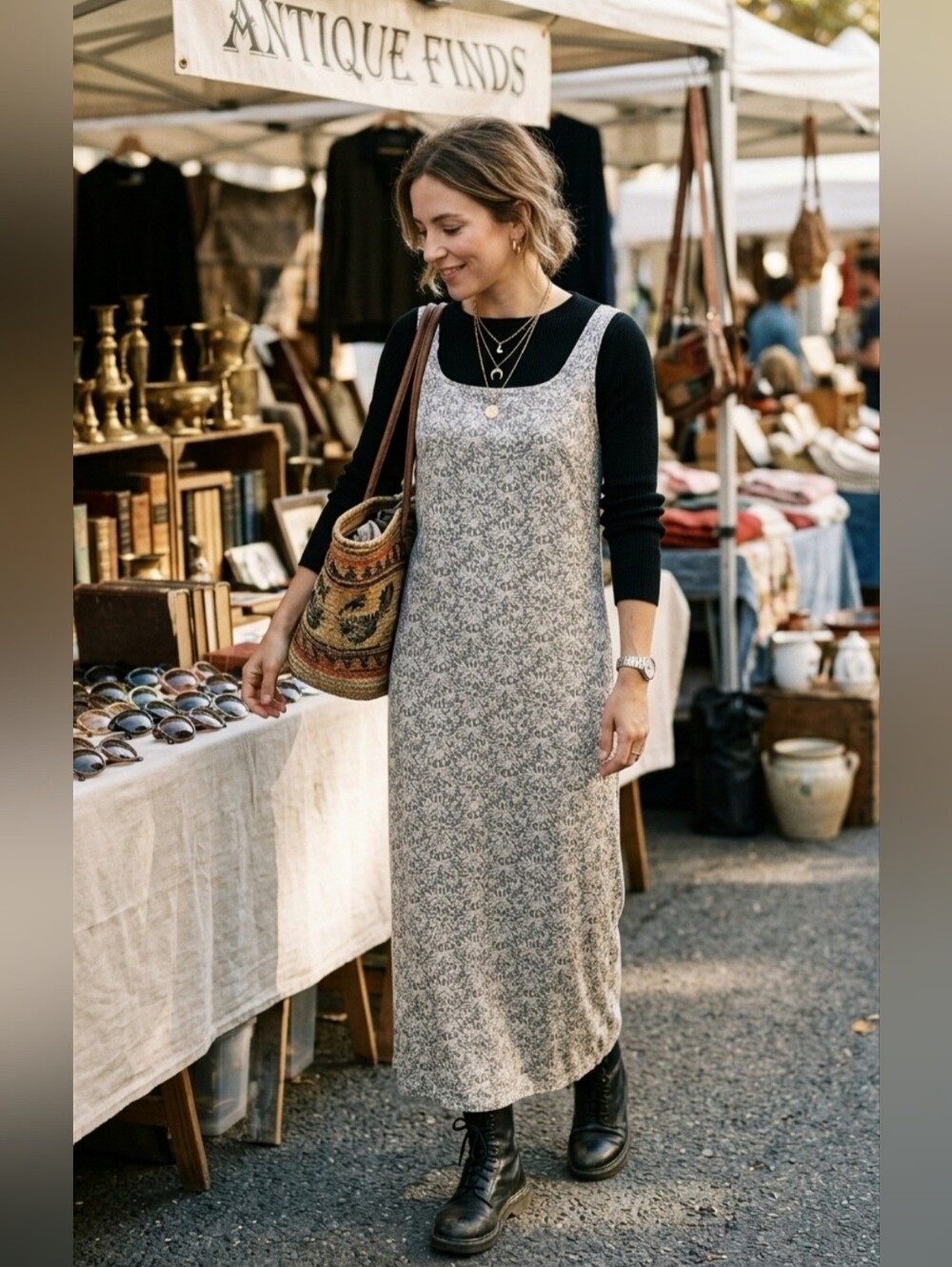 VTG 90s Faded Glory Cream Sage Green Floral Maxi Dress L Grunge Cottagecore